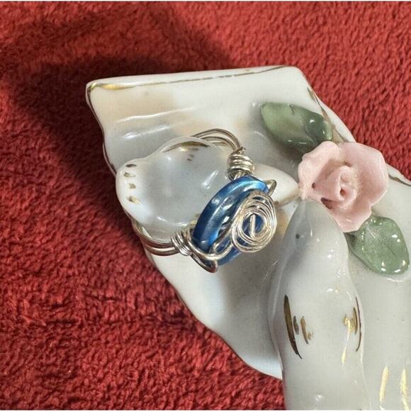 -RING Wire Wrapped Silver Ring With Blue Button Size 8 - Picture 5 of 6